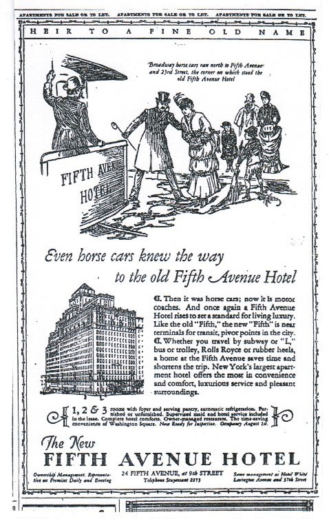 A New York Times ad for the Fifth Ave. Hotel, at 24 Fifth Ave., from spring 1926.