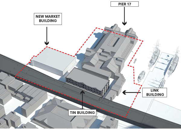 Schematic of the project areas, including the current tower site, the New Market Building, and the Tin Building. Image courtesy of the Howard Hughes Corp.