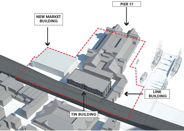 Seaport tower will be downsized & city admits to mistake at historic buildings 3 Schematic of the project areas, including the current tower site, the New Market Building, and the Tin Building. Image courtesy of the Howard Hughes Corp.
