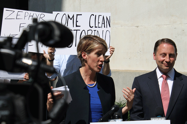 Zephyr Teachout, left, and Rob Astorino held a joint press conference outside the Tweed Courthouse on Tuesday to highlight what they called corruption by Governor Andrew Cuomo.  Photo By Lincoln Anderson