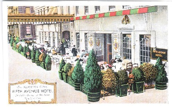 A 1930s-era postcard showed 24 Fifth Ave.’s sidewalk cafe (only open during mild weather). At left is a rare glimpse of the Berkeley Hotel, then located next door at 20 Fifth Ave.  Collection of LindaAnn Loschiavo