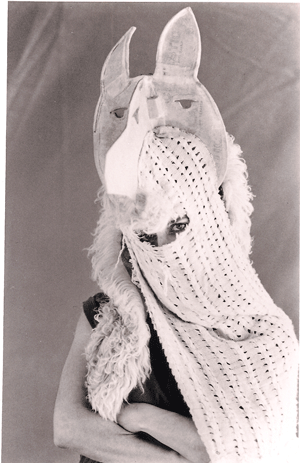 Jenny Klion in a coyote shadow mask, at Big Apple Circus’s “Grandma Goes West,” in Lincoln Center’s Damrosch Park in, 1989.  Photo by Janet Klion
