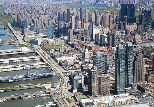 Photo Courtesy of Silverstein Properties An aerial shot of Hell’s Kitchen and beyond shows the Silver Towers at 42nd St and 11th Ave. 