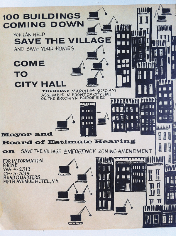 An organizing flier by Save the Village to fight Robert Moses’ urban renewal plans in the Village.