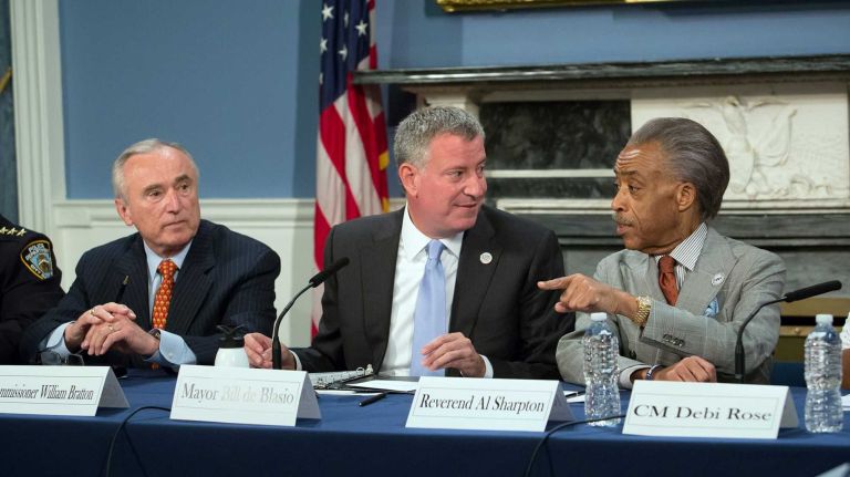 NYPD Confidential: Who is running the NYPD? 2 Mayor de Blasio hosting a roundtable on police-community relations with Reverend Al Sharpton and Commissioner Bill Bratton on Thursday, July 31, 2014.