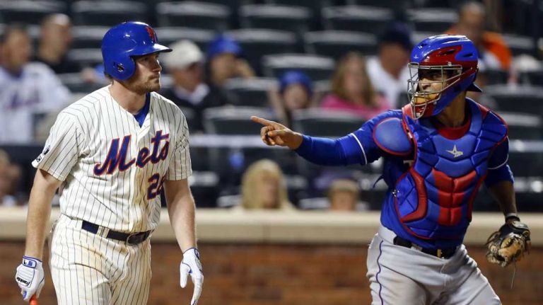 Daniel Murphy of the Mets strikes out to end a game against the Texas Rangers at Citi Field on Saturday, July 5, 2014.