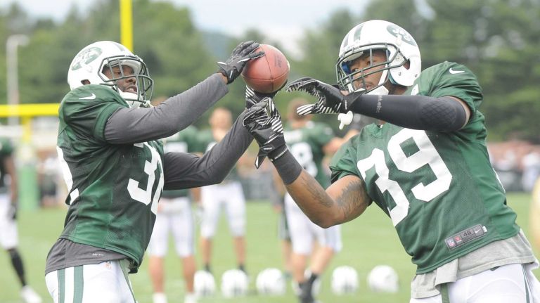 New York Jets defensive back Josh Bush (32) free safety Antonio Allen (39) during NFL football training camp in Cortland, N.Y., Tuesday, July 29, 2014.