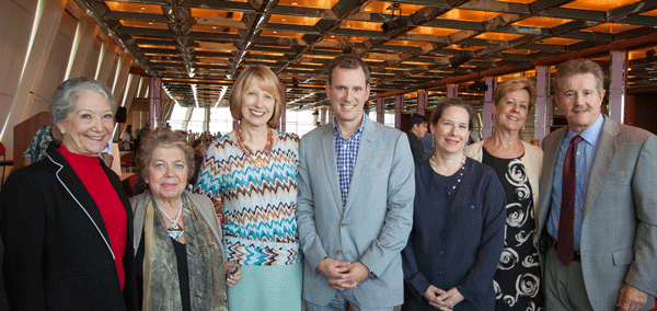 From left, Linda Lennaco, Elizabeth Butson, Dr. Tara Cortes, Dr. Jonathan Whiteson, psychotherapist Susan Light, N.Y.U. Senior Vice President Lynne Brown, and Dr. Max Gomez at the senior health forum.  Photo by Josh Bisker/n.y.u. community affairs 