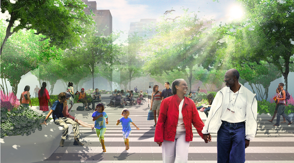 A rendering of people enjoying the future park at Essex Crossing.