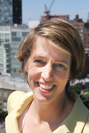 Zephyr Teachout in Chelsea on a 14th-floor deck at the Caledonia, overlooking the High Line after her endorsement interview with the Jim Owles Club. The endorsement interview was held in a community room located off of the deck.