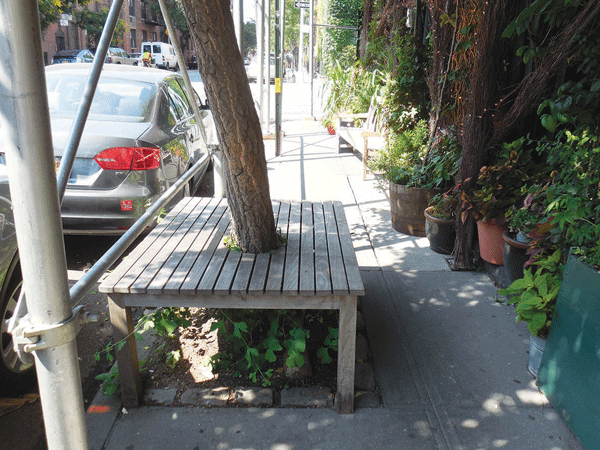 At the Spotted Pig, on Greenwich St., a cluster of an illegal tree bench, another sidewalk bench and a plethora of plants has created a “perfect storm” sidewalk bottleneck, according to C.B. 2.   Photo by Sergei  Klebnikov