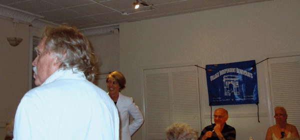 Jim Fouratt posed a question to Zephyr Teachout (standing) before V.I.D. voted last Thursday evening on who to endorse in the Democratic primary for governor. Seated at the table are Tony Hoffman, V.I.D. president, and Kathy Slawinski, the club’s recording secretary.