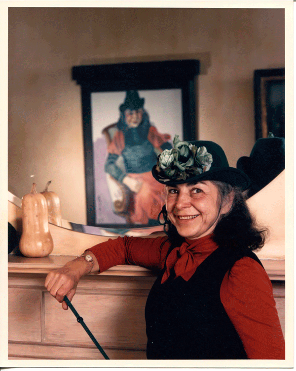 Vivien Leone, with riding crop, in front of her portrait by Alice Neely. The painting was set to be auctioned on July 24 by Christie’s on Rockefeller Plaza, with a listed estimated starting price from $120,000 to $180,000.