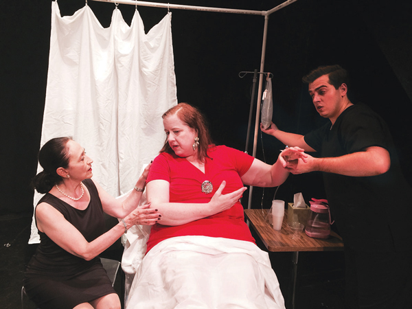 Brenda (Jeremy Peterson) is trying to calm down Diane (Lally Ross) while Nurse Ames (Marshall Foltz) is just trying to do his job.