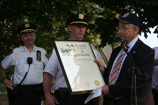 From left to right: Chief William Morris (Commanding Officer of Patrol Borough Manhattan South), Captain Brendan Timoney (Commanding Officer 1st Precinct), Sheldon Silver (Speaker of the New York State Assembly)