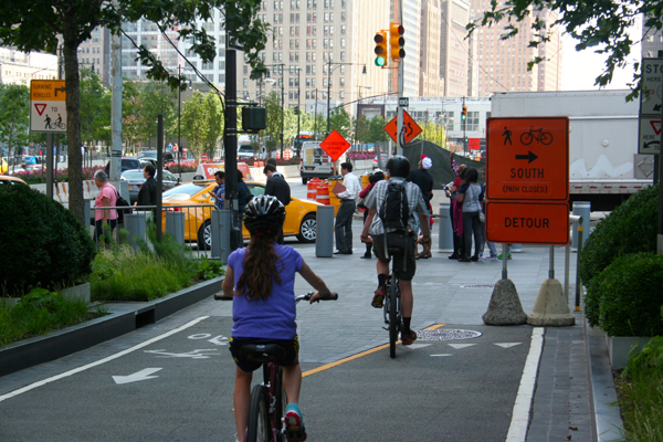 Officials say wait yet another year to reopen bike path 1 Downtown Express photo by Yannic Rack Cyclists at the northern end of the construction on Vesey St.