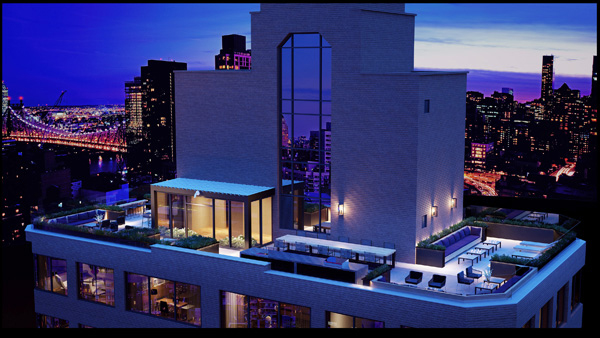 Home to Pre-War Elegance and Post-War Exuberance 2 Douglas Elliman Development Marketing An aerial view of the communal open-air penthouse at the SixtyFour at 300 E. 64 St.