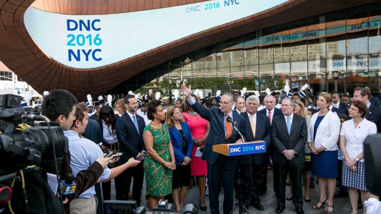 Senator Charles Schumer during a news conference outside the Barclays Center in Brooklyn on Aug. 11, 2014.