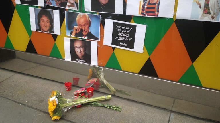 The memorial remembering Robin Williams outside Carolines on Broadway, where he had performed stand-up.