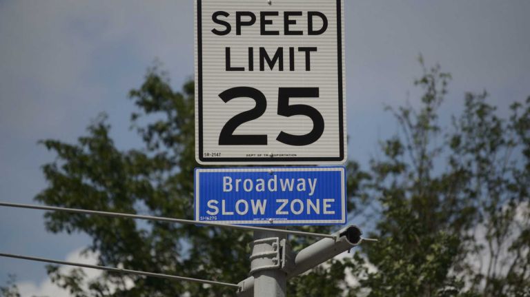 Speed limit signs are displayed on Broadway and 96th Street in Manhattan on Aug. 4, 2014. 
