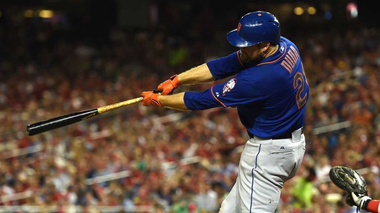 The Mets' Lucas Duda hits an RBI single against the Washington Nationals in the seventh inning at Nationals Park on Aug. 5, 2014 in Washington, D.C.