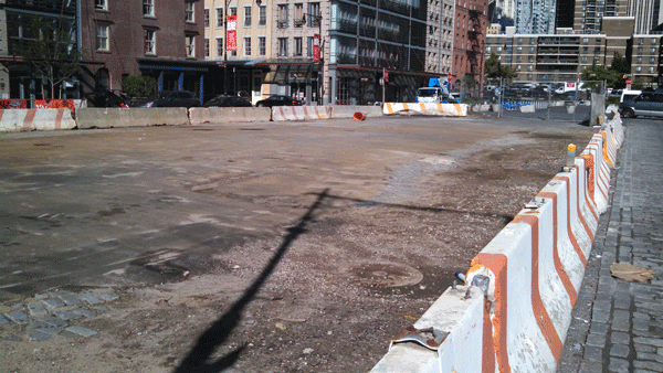 The east end of Peck Slip Plaza is supposed to open on a temporary basis Oct. 6, above left. A rendering of the current design for the plaza, below.  