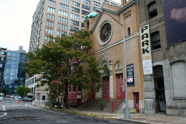 Downtown Express photo by Yannic Rack Development plans have been filed for the padlocked Our Lady of Vilnius Church, at Broome St.’s western end. 