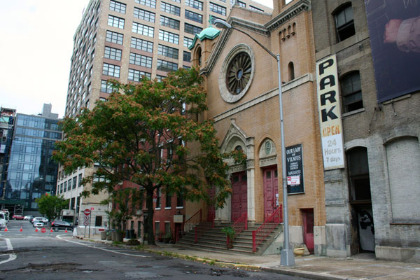 Development plans have been filed for the padlocked Our Lady of Vilnius Church, at Broome St.’s western end.   Photo by Yannic Rack