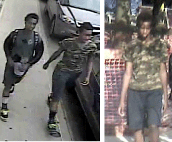 Police supplied these surveillance-camera images of two individuals they say are suspects in an Aug. 11 “knockout game” attack on a West Village senior. The man standing alone in photo at right is suspected of perpetrating the assault.