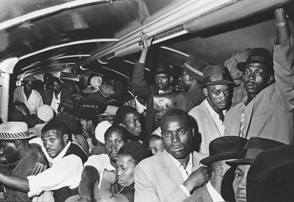 According to Struan Robertson, a photojournalist and a friend of Ernest Cole’s, tsotsis (thugs or street criminals) used the extreme crowding on black trains to rob passengers, especially on payday. From “House of Bondage” | 1967 | Gelatin silver print | 8 5/8 x 12 5/8 in. (22 x 32 cm).  © The Ernest Cole Family Trust/ Courtesy the Hasselblad Foundation