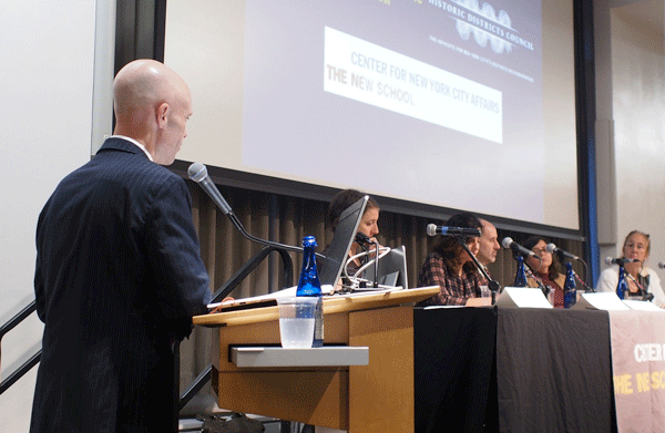 At the Sept. 16 forum discussion, from left, Andrew Berman, of G.V.S.H.P.; Rachel Meltzer; Nadine Maleh; Harvey Epstein; Rosie Mendez; and Gale Brewer.    Photo courtesy G.V.S.H.P.