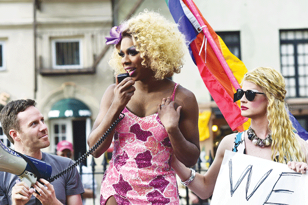 Drag queens and others spoke out in support of Boots N Saddles bar at a rally Sunday in Christopher Park.   Photo by Sandy Kaufman