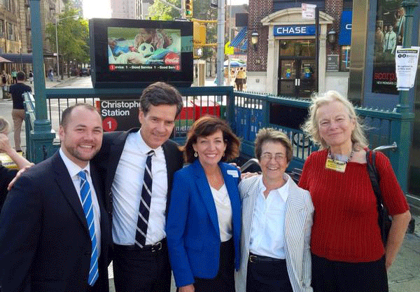 Local politicians campaigned with Kathy Hochul at the Christopher St. station on Tuesday. From left, Councilmember Corey Johnson, state Senator Brad Hoylman, Hochul, Assemblymember Deborah Glick and District Leader Keen Berger. Berger endorsed Teachout for governor by Hochul for lieutenant governor.