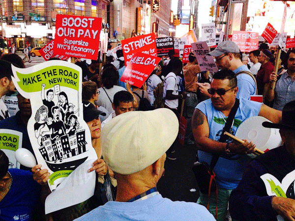 Fast-food workers rallied for higher wages at a Sept. 4 rally in Times Square.