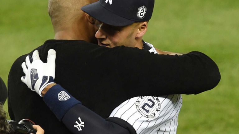 Derek Jeter's final game at Yankee Stadium 103 Yankees' Derek Jeter celebrates his final game at Yankee Stadium with Bernie Williams after hitting a ninth-inning, game-winning base hit against the Baltimore Orioles at Yankee Stadium on Thursday, Sept. 25, 2014.