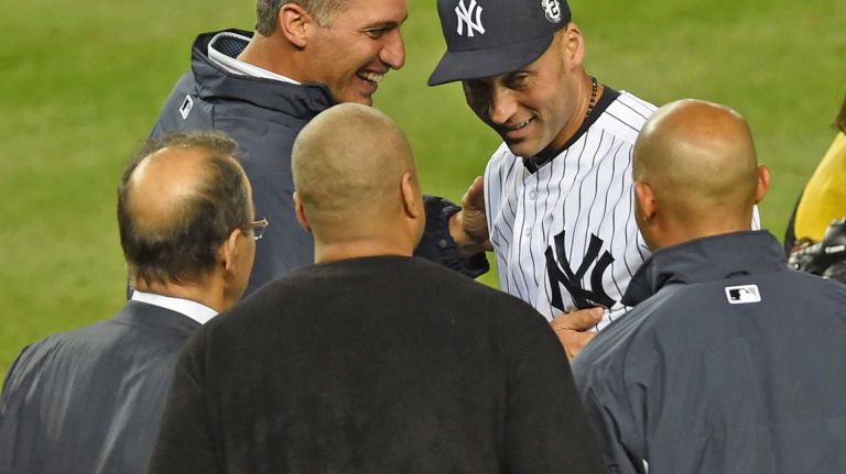 Derek Jeter's final game at Yankee Stadium 104 Yankees' Derek Jeter celebrates his final game at Yankee stadium with Andy Pettitte, Joe Torre, Mariano Rivera and Bernie Williams after hitting a ninth-inning, game-winning base hit against the Baltimore Orioles at Yankee Stadium on Thursday, Sept. 25, 2014.