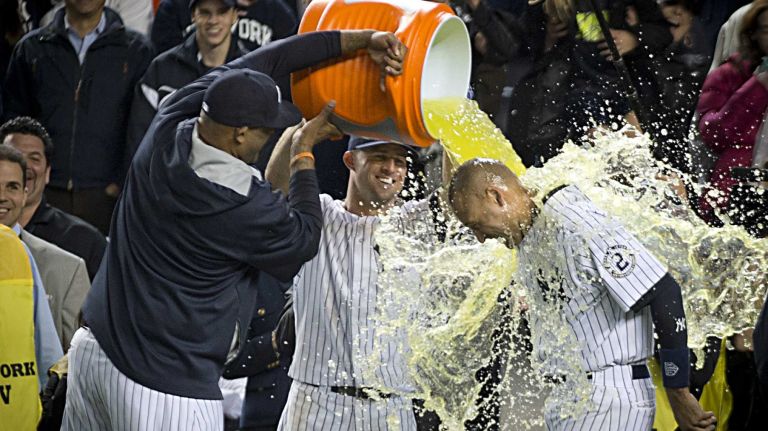 Derek Jeter's final game at Yankee Stadium 106 Yankees' Derek Jeter has Gatorade poured over his head by CC Sabathia and Brett Gardner after hitting a ninth-inning, game-winning base hit against the Baltimore Orioles at Yankee Stadium on Thursday, Sept. 25, 2014.