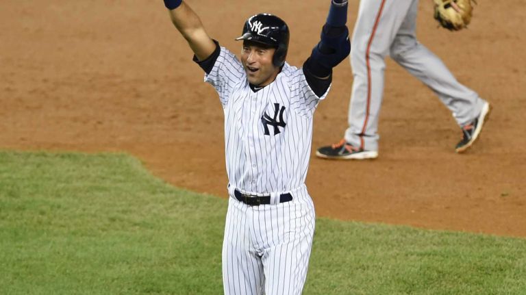 Derek Jeter's final game at Yankee Stadium 115 Derek Jeter of the Yankees celebrates his ninth-inning, game-winning base hit against the Baltimore Orioles at Yankee Stadium on Thursday, Sept. 25, 2014.
