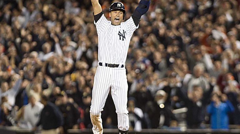 Derek Jeter's final game at Yankee Stadium 117 Derek Jeter of the Yankees celebrates his ninth-inning, game-winning base hit against the Baltimore Orioles at Yankee Stadium on Thursday, Sept. 25, 2014.