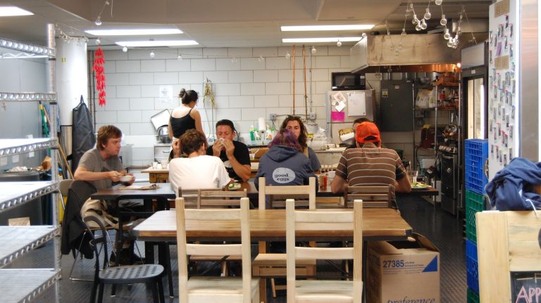 Every day, the team sits down together for lunch that's made in the kitchen by the on-staff chef with the products stocked in the Good Eggs 