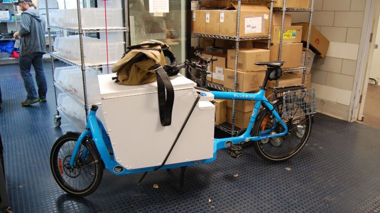 Yes, this bicycle delivers groceries. If you live in Northern Greenpoint, the transit mode on which your groceries are brought to you may be man-powered. 