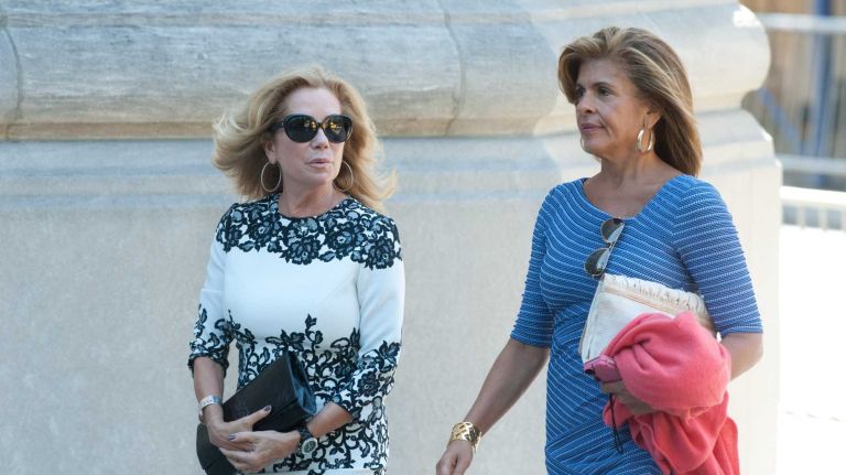 Kathie Lee Gifford and Hoda Kotb arrive at Temple Emanu-El before services for Joan Rivers in Manhattan on Sunday, Sept. 7, 2014.