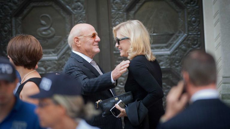 Barry Diller and Diane Sawyer arrive at Temple Emanu-El in Manhattan before a private funeral for Joan Rivers on Sunday, Sept. 7, 2014.