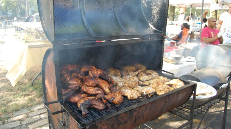 The most widely available and popular food along Eastern Parkway is jerk chicken. Clouds of smoke from the smokers can be seen up and down each block. 