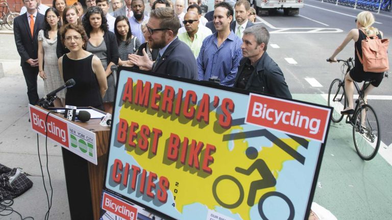 New York City of Transportation Commissioner Polly Trottenberg speaks at a news conference on Sept. 3, 2014 about Bicycling magazine's designation of New York City as the top U.S. city for cycling.