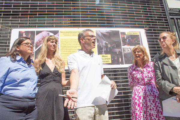 From left, at the Sept. 4 press conference outside 170-174 E. Second St., Councilmember Rosie Mendez, Cypress Dubin, Fredy Kaplan, Mary Ann Siwek and Borough President Gale Brewer.   Photo by Zach Williams