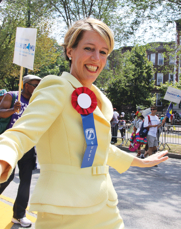 Zephyr Teachout marching at the West Indian Day Parade. Teachout even danced without music at some points.