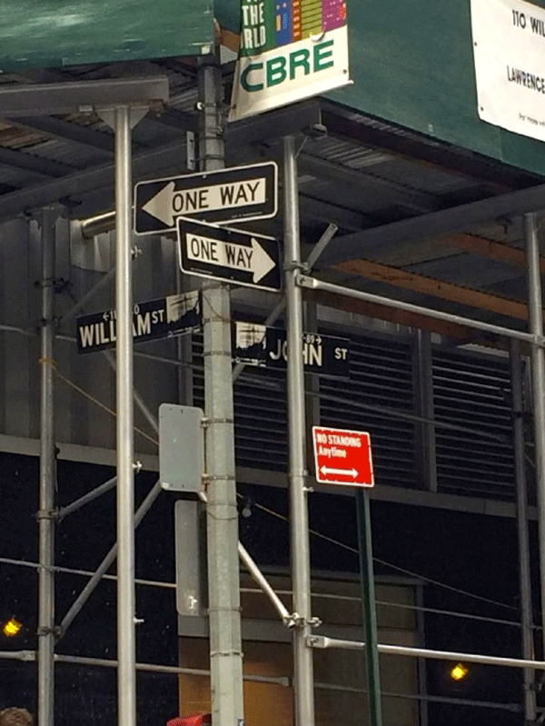 The obstructed signs at the northeast corner of William and John Sts. Picture from Pace University’s Traffic Safety Survey in Lower Manhattan.