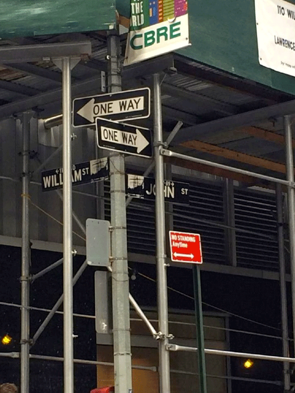 Stop sign coming to dangerous part of William St. 1 The obstructed signs at the northeast corner of William and John Sts. Picture from Pace University’s Traffic Safety Survey in Lower Manhattan.