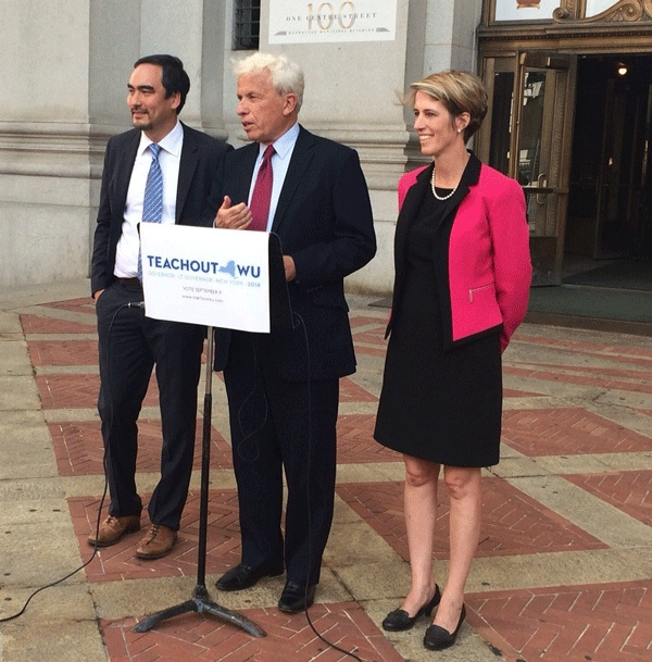 Teachout keeps heat on Cuomo, who ducks debate 2 Zephyr Teachout and Tim Wu, left, receiving Mark Green’s endorsement on Tuesday. Photo by Tequila Minsky